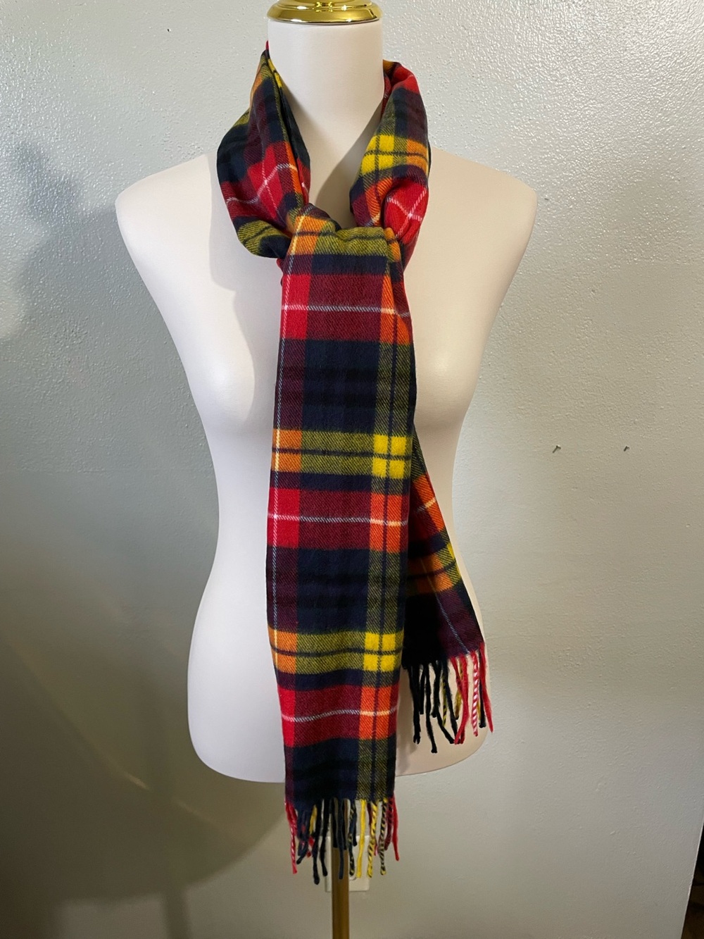 Hand Tailored 100% Cashmere Red Navy Yellow Tartan Plaid Fringe Long Scarf Soft